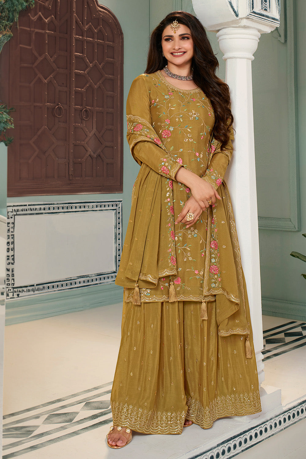Sage Green Color Embroidered Crepe Unstitched Suit Material With Stitched Sharara