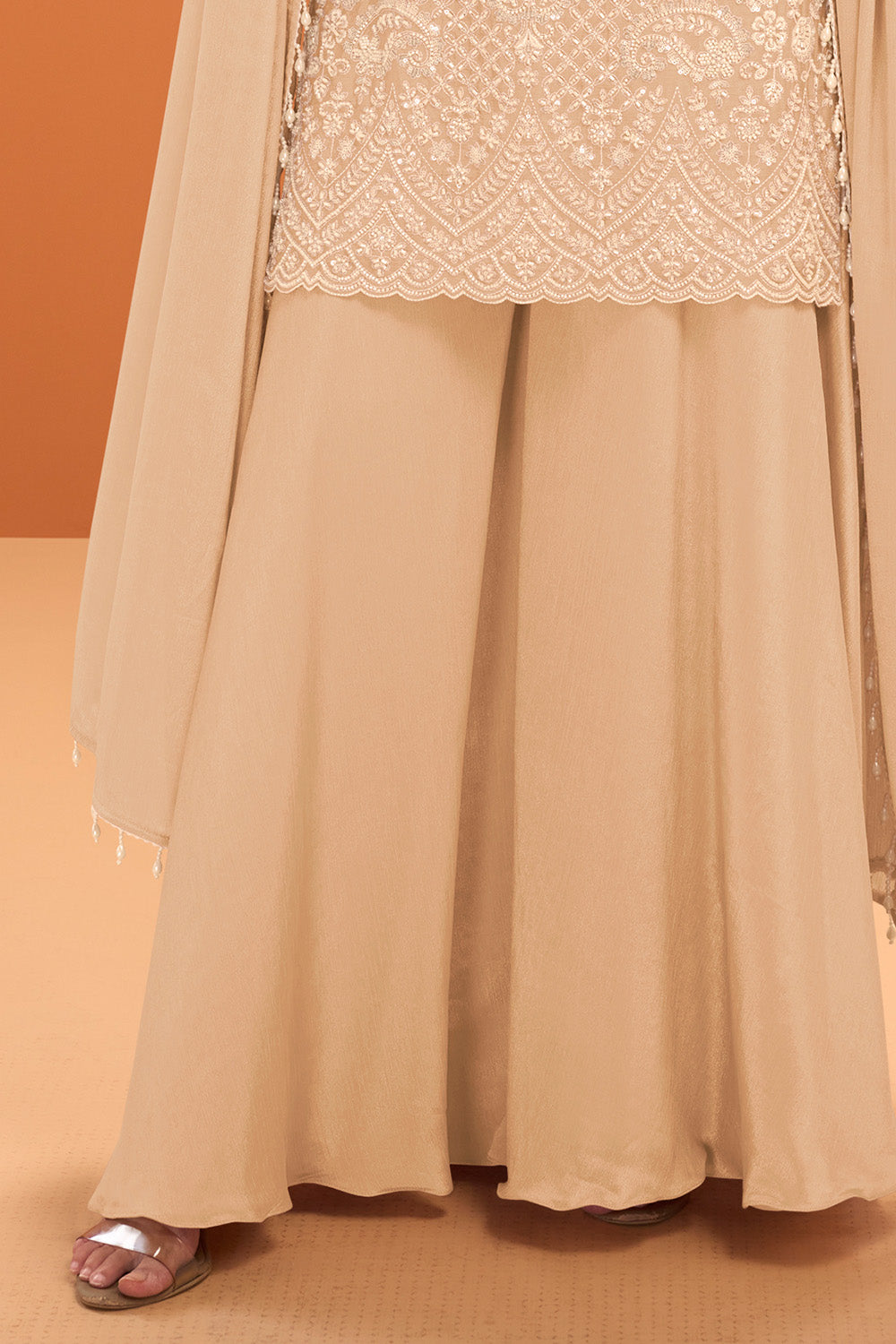 Cream Crepe Silk Cut-Dana And Resham Embroidered Suit With Palazzo