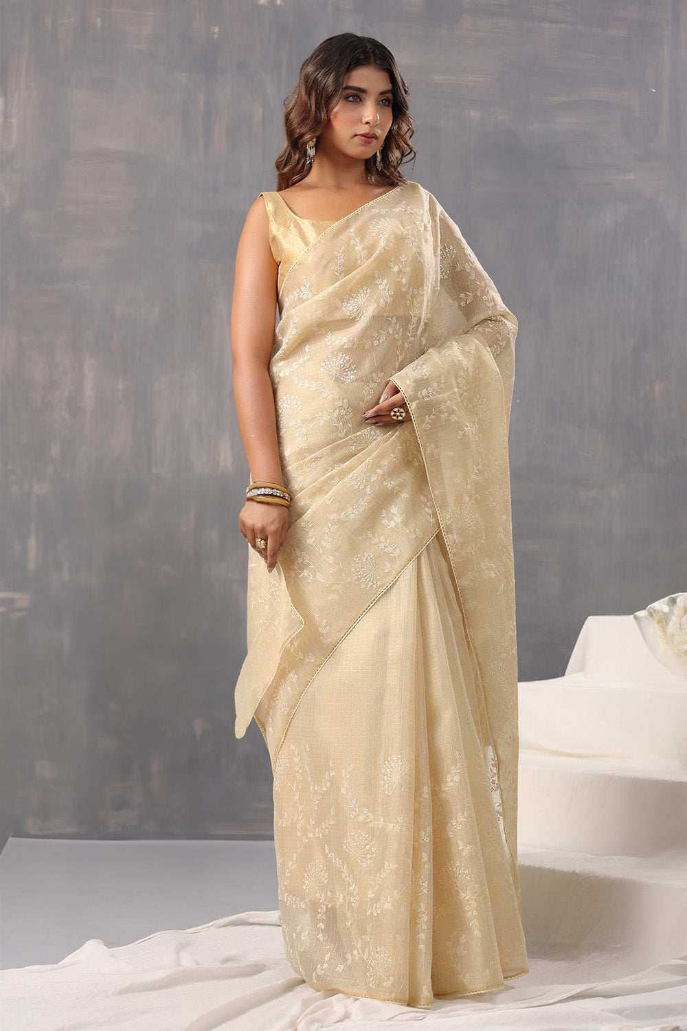 Beige Color Cotton Silk Thread Embroidered Saree