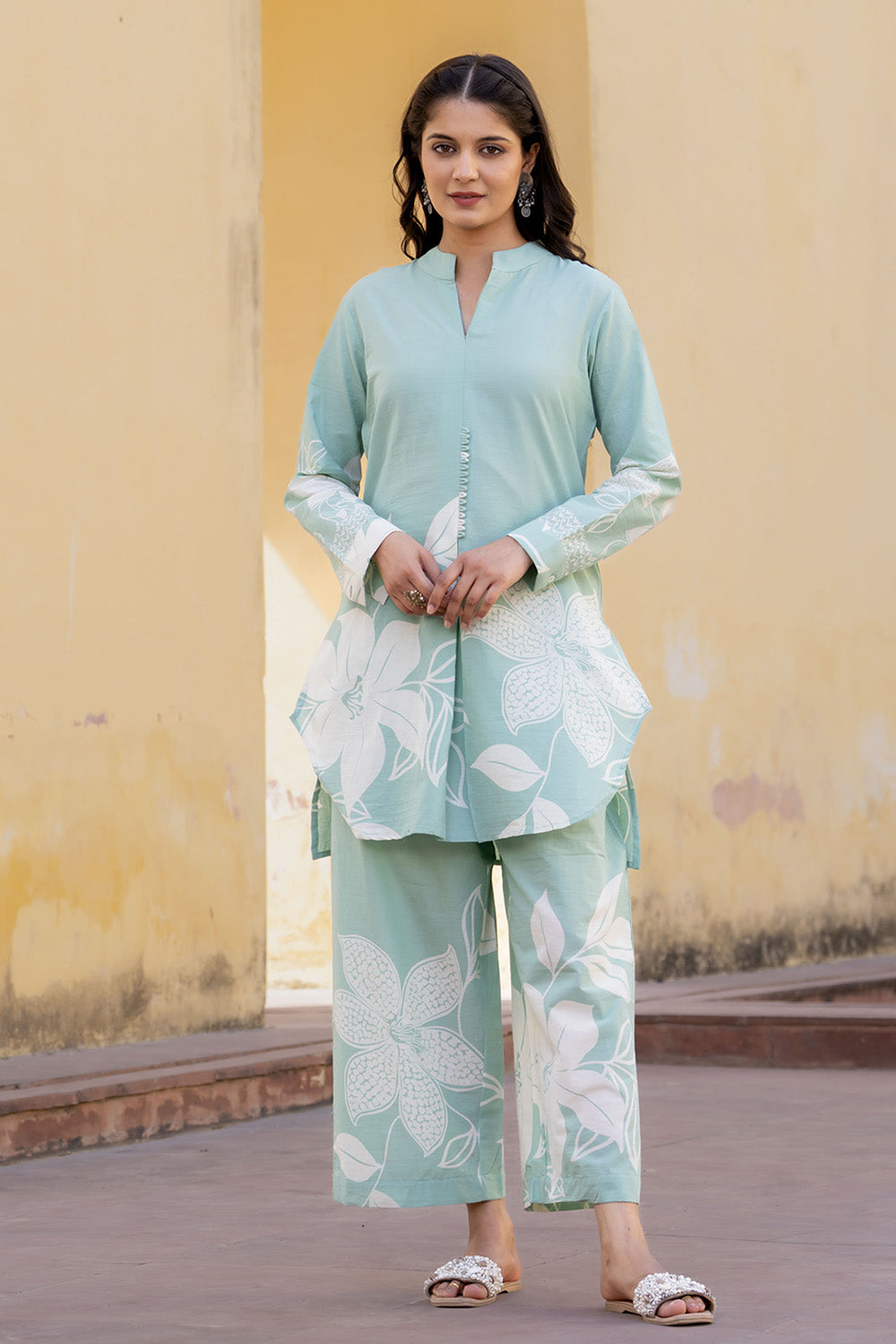 Sea Green Color Cotton Printed Co-Ord Dress