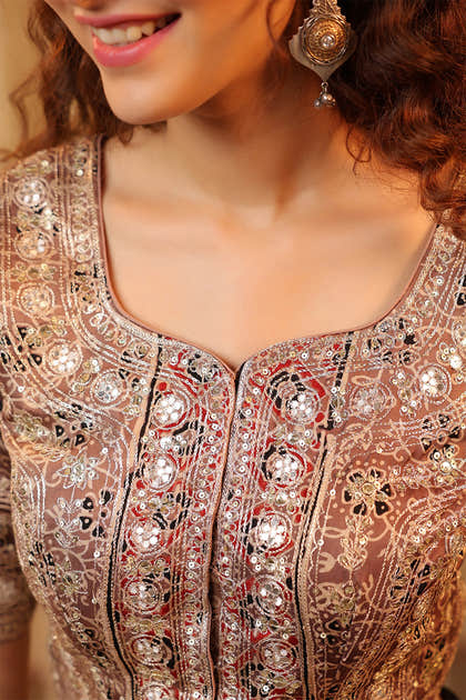 Light Brown Pure Mulberry Silk Printed And Embroidered Saree