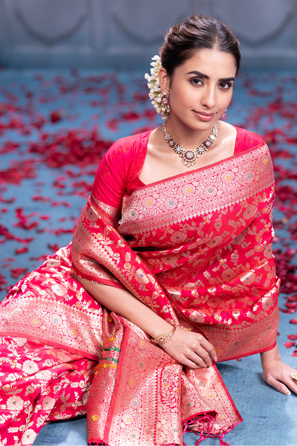 Cheery Red Colour Banarasi Silk Woven Saree