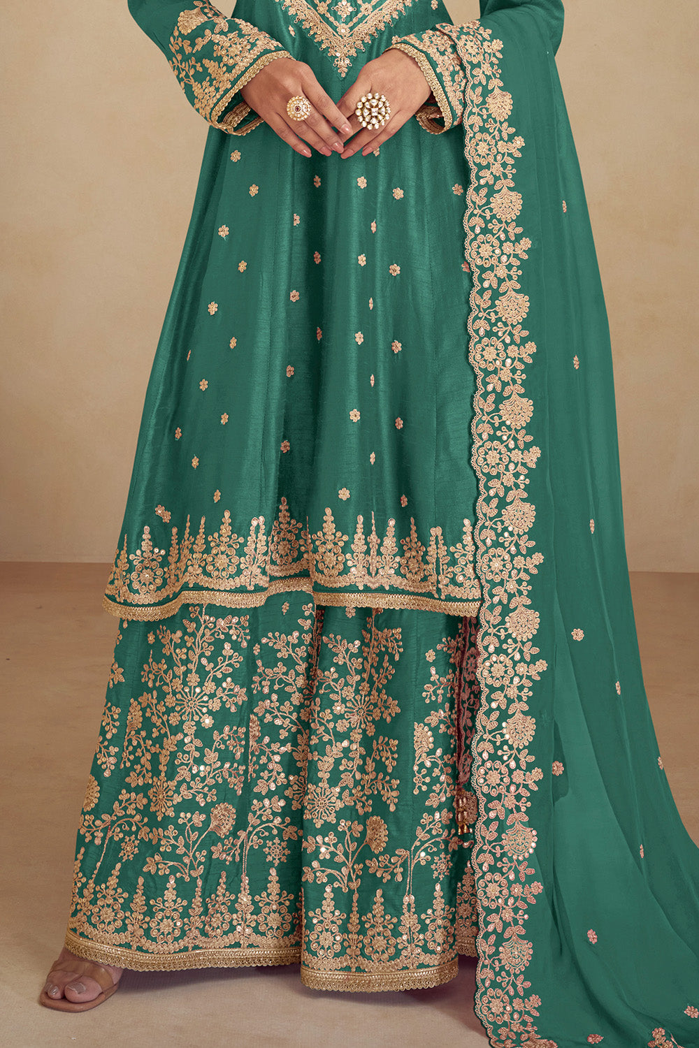 Crepe Embroidered Anarkali Suit With Embroidered Sharara