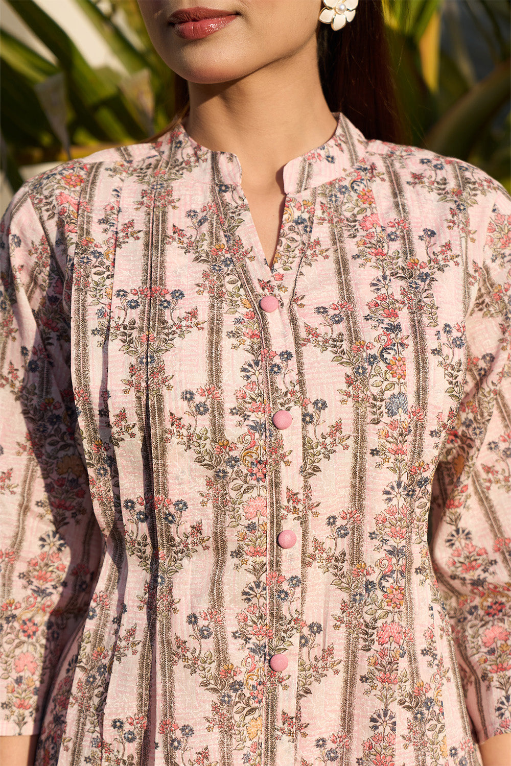 Pink Floral Printed Cotton Long Kurta Set