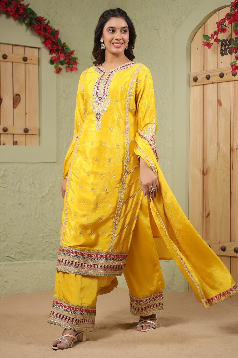 Yellow Crepe Silk Embroidered Straight Suit