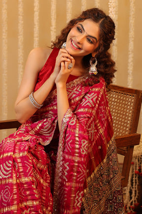 Magenta Pink Pure Gharchola Gajji Silk Printed And Embroidered Saree