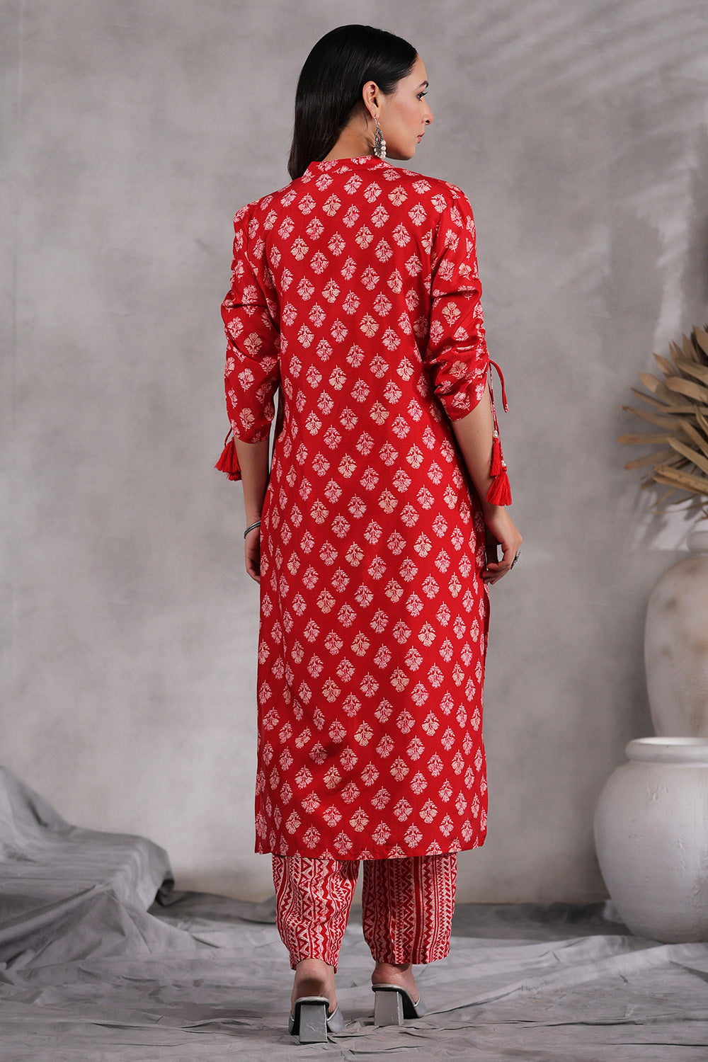 Red Color Printed Muslin Kurta Set