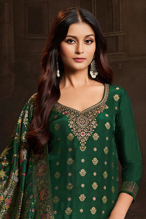 Bottle Green Silk Neck Embroidered And Zari Woven Suit With Woven Dupatta Set