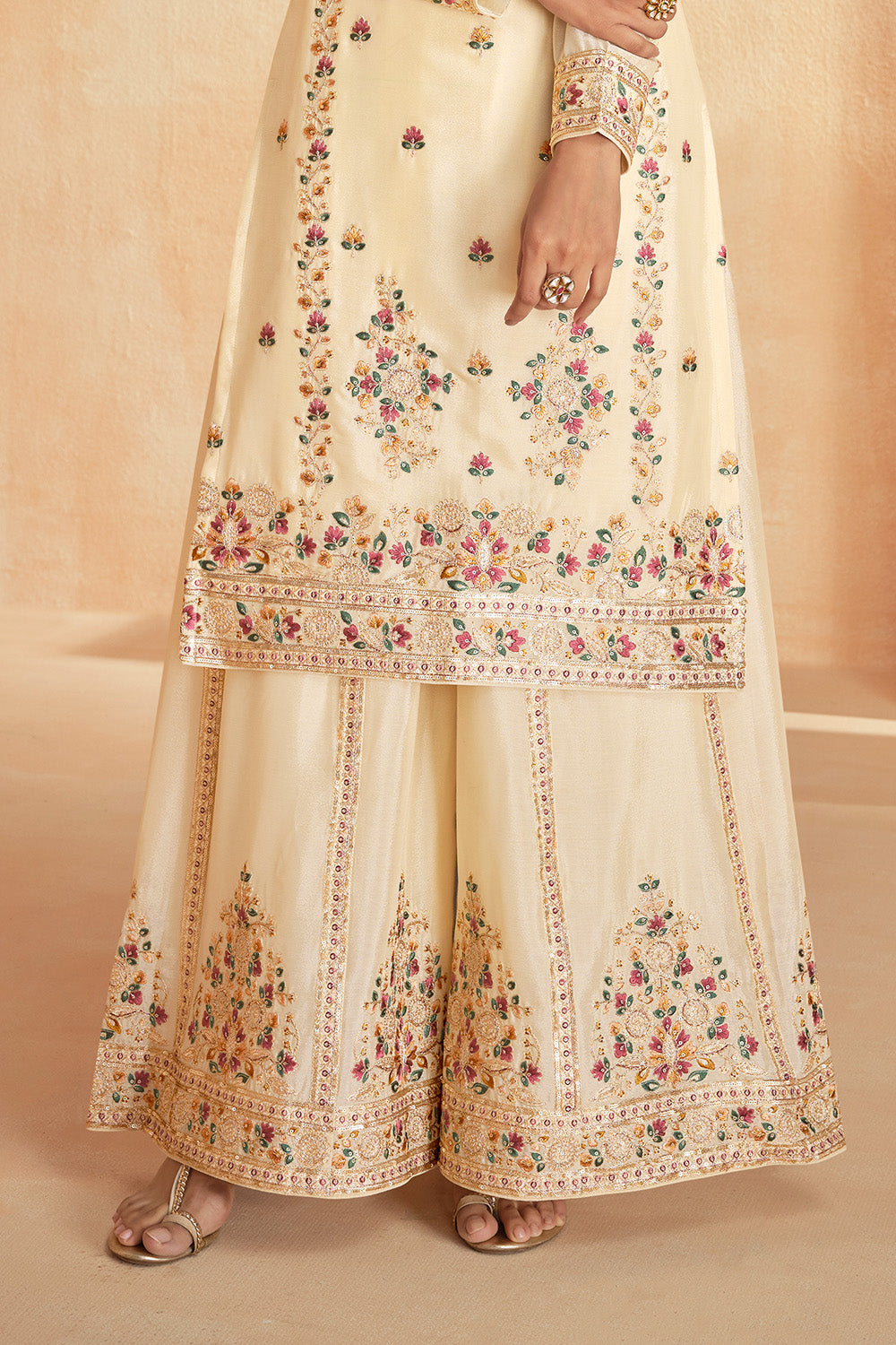 Cream Color Crepe Silk Resham Embroidered Suit With Palazzo