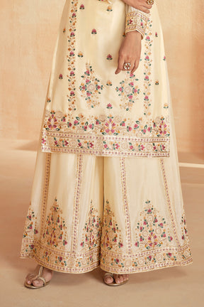 Cream Color Crepe Silk Resham Embroidered Suit With Palazzo