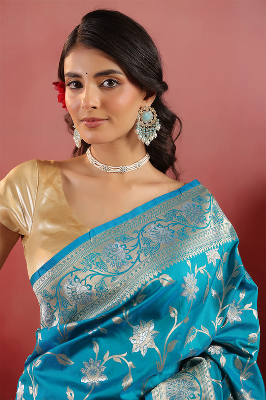 Teal Blue Banarasi Silk Woven Saree