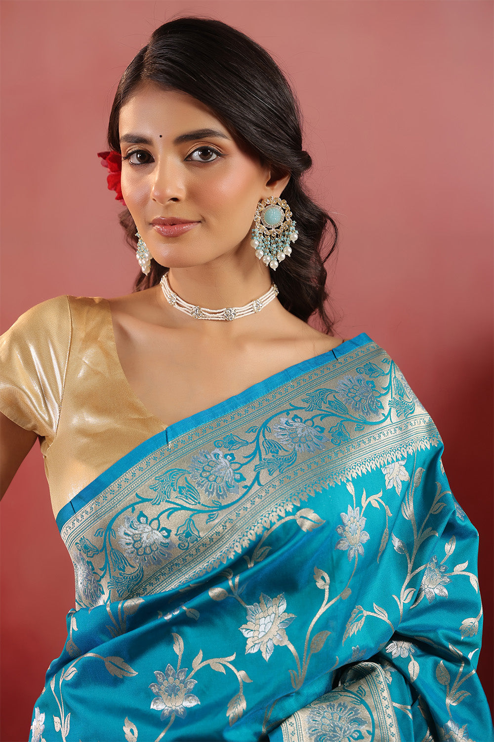 Teal Blue Banarasi Silk Woven Saree