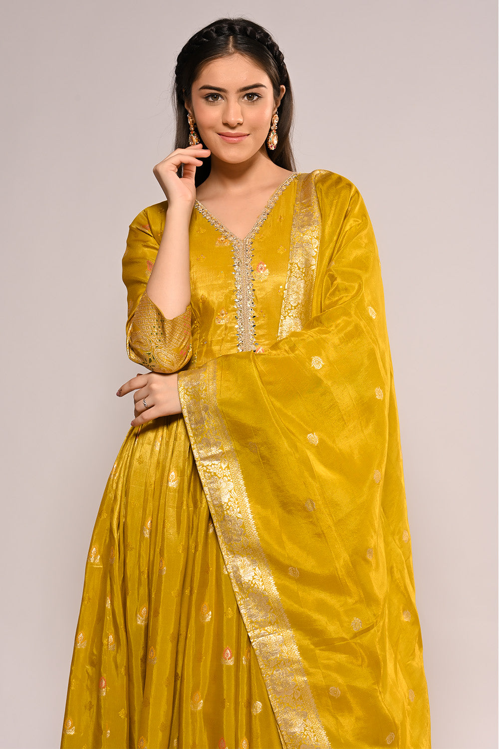 Mustard Color Mantellic Tissue Embroidered and Woven Anarkali Suit