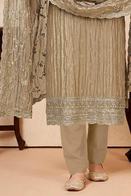 Beige Tissue Silk Embroidered Unstitched Suit Fabric