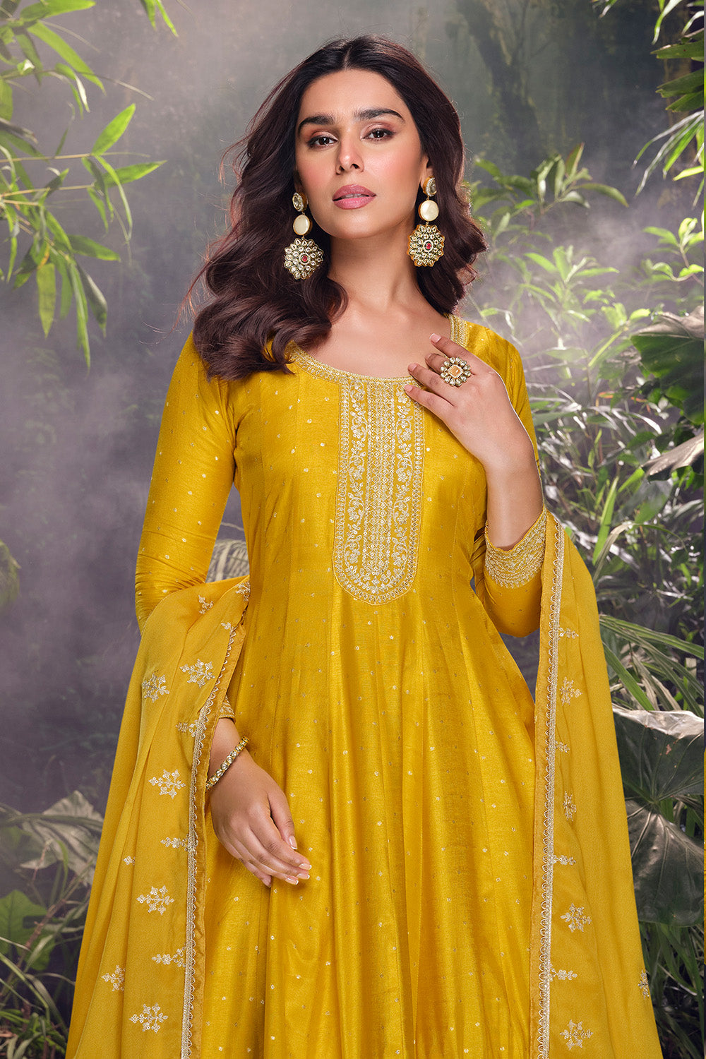 Mustard Silk Zari Embroidered Anarkali Suit With Palazzo