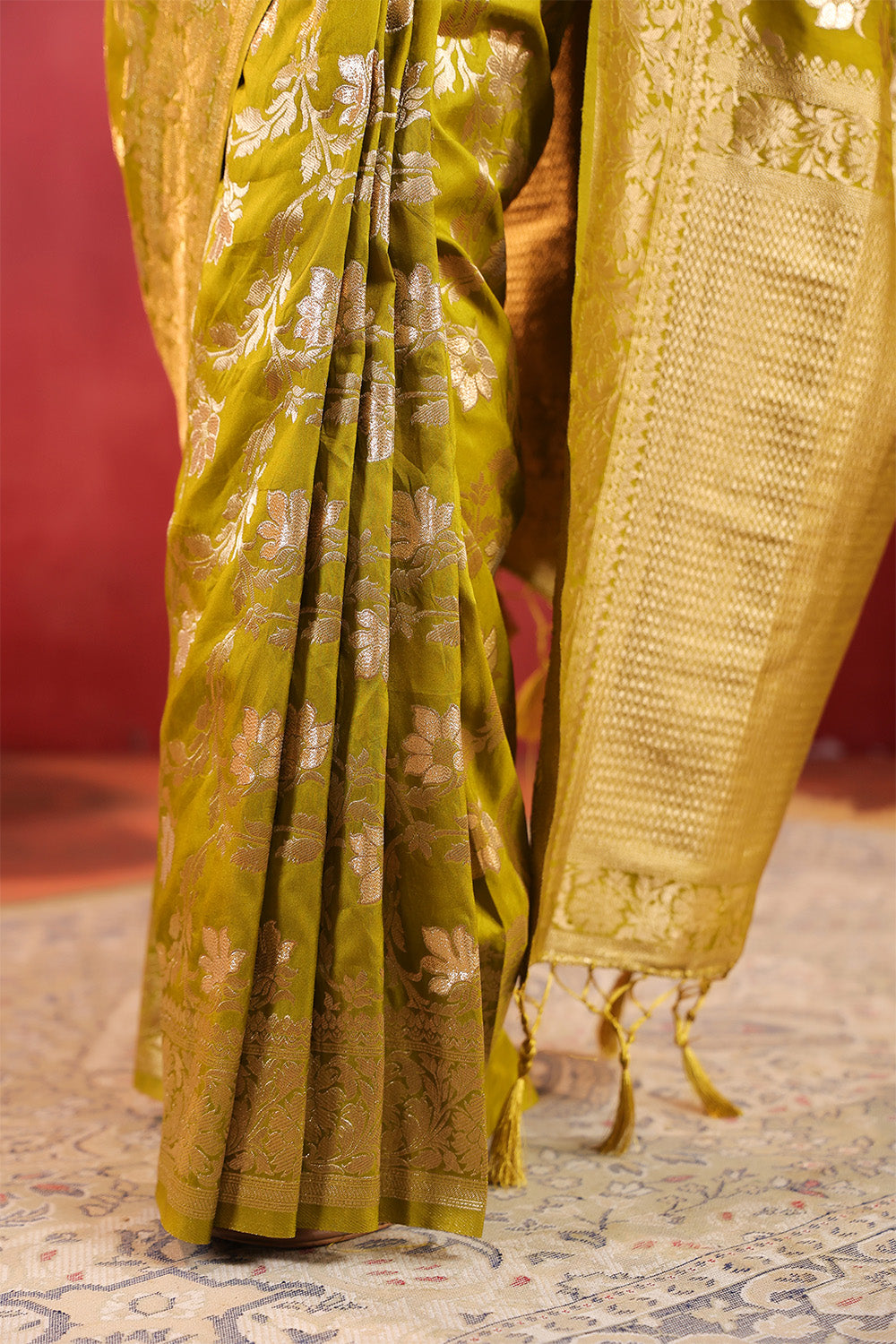 Sage Green Zari Floral Woven Silk Saree