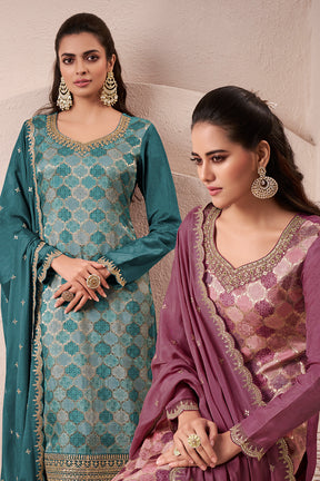 Mauve Silk Zari Woven And Embroidered Unstitched Suit Material