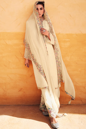 Cream Color Embroidered Organza Unstitched Suit Material