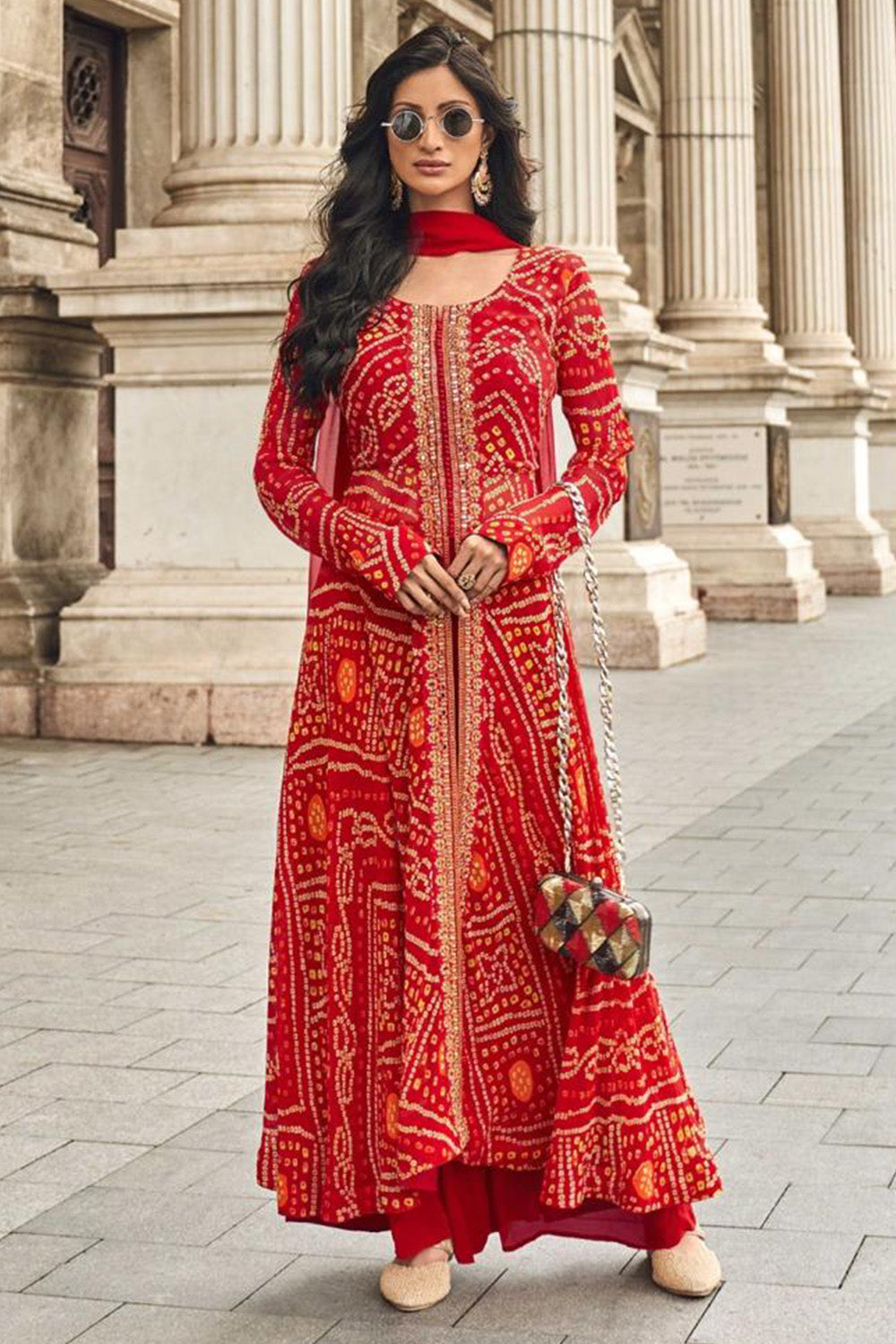 Maroon Color Georgette Bandhani Printed & Embroidered Front Slit Anarkali Suit With Palazzo