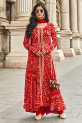 Maroon Color Georgette Bandhani Printed & Embroidered Front Slit Anarkali Suit With Palazzo