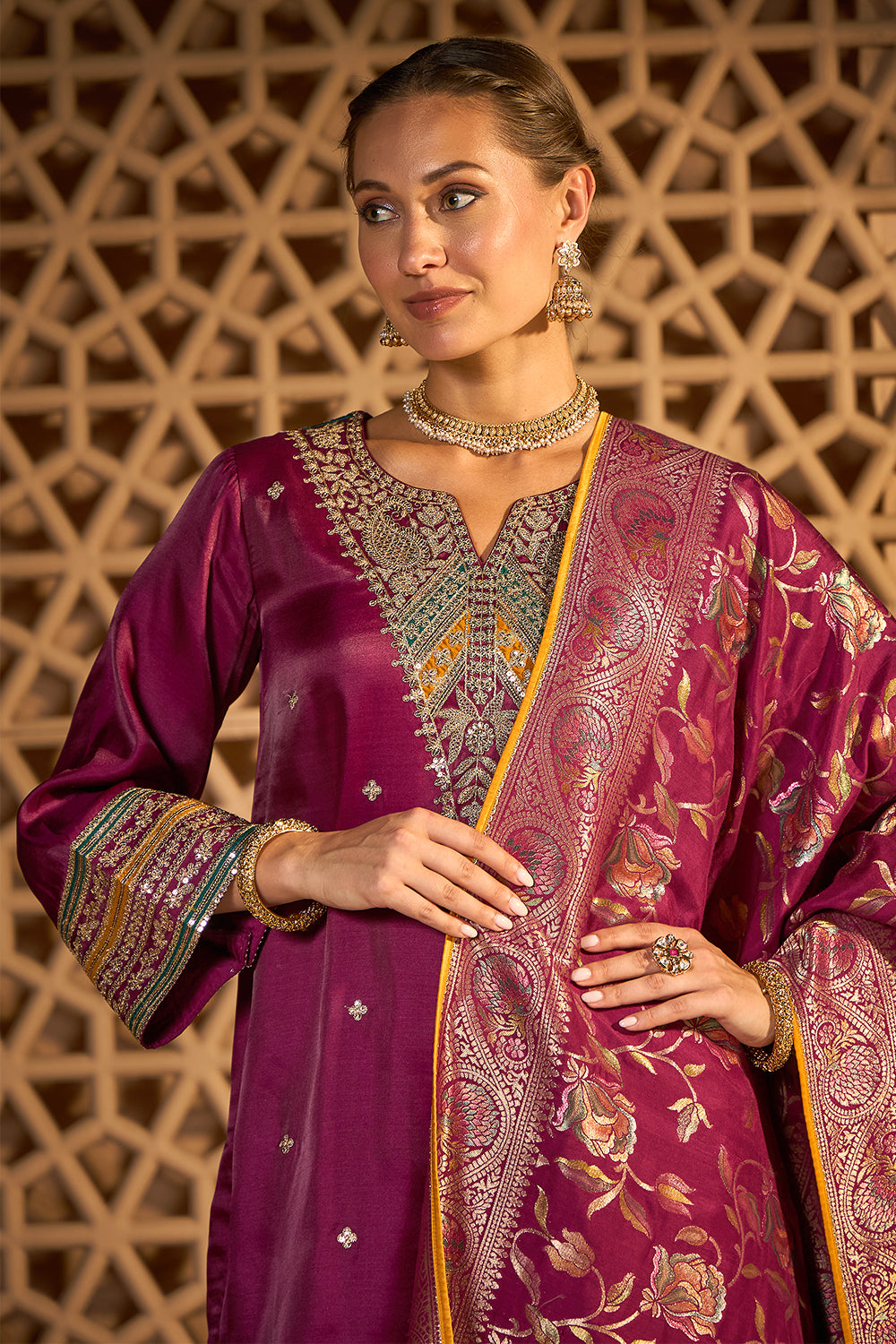 Wine Silk Embroidered Unstitched Suit Material With Banarsi Dupatta