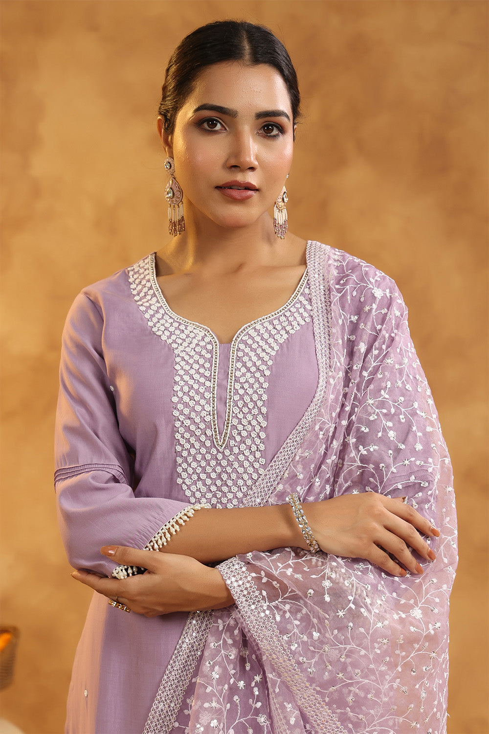 Light Lavender Color Cotton Neck Embroidered Unstitched Suit Fabric