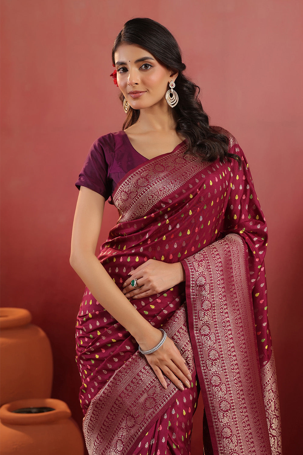 Wine Soft Silk Woven Saree
