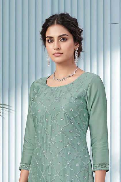 Seafoam Blue Organza Resham Embroidered Unstitched Suit Material