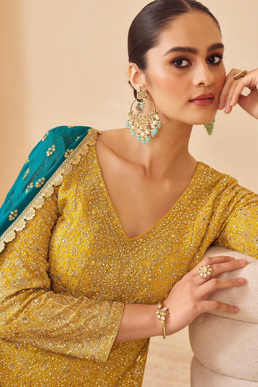 Mustard Georgette Zari And Sequins Embroidered Suit With Embroidered Palazzo