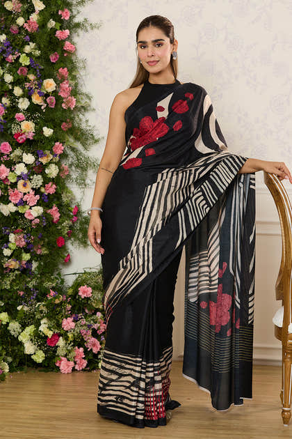 Black Jacquard Silk Floral Printed Saree
