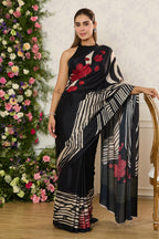 Black Jacquard Silk Floral Printed Saree