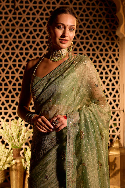 Seagreen Sequins Embroidered Salsa Tissue Saree