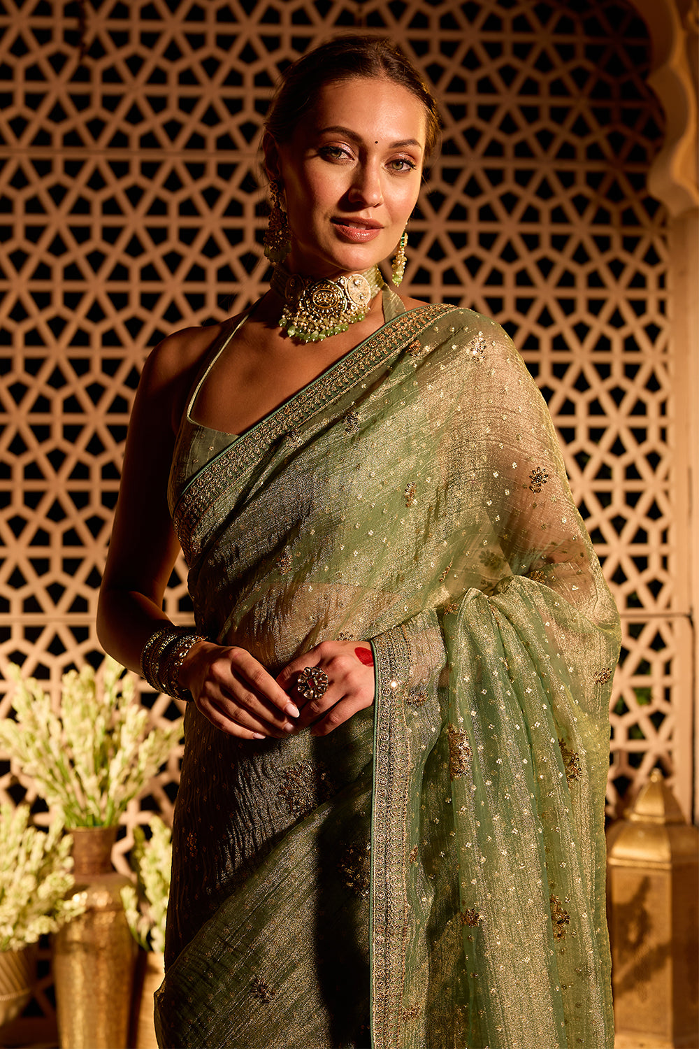 Seagreen Sequins Embroidered Salsa Tissue Saree