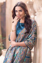 Teal Blue Position Print Woven Silk Saree