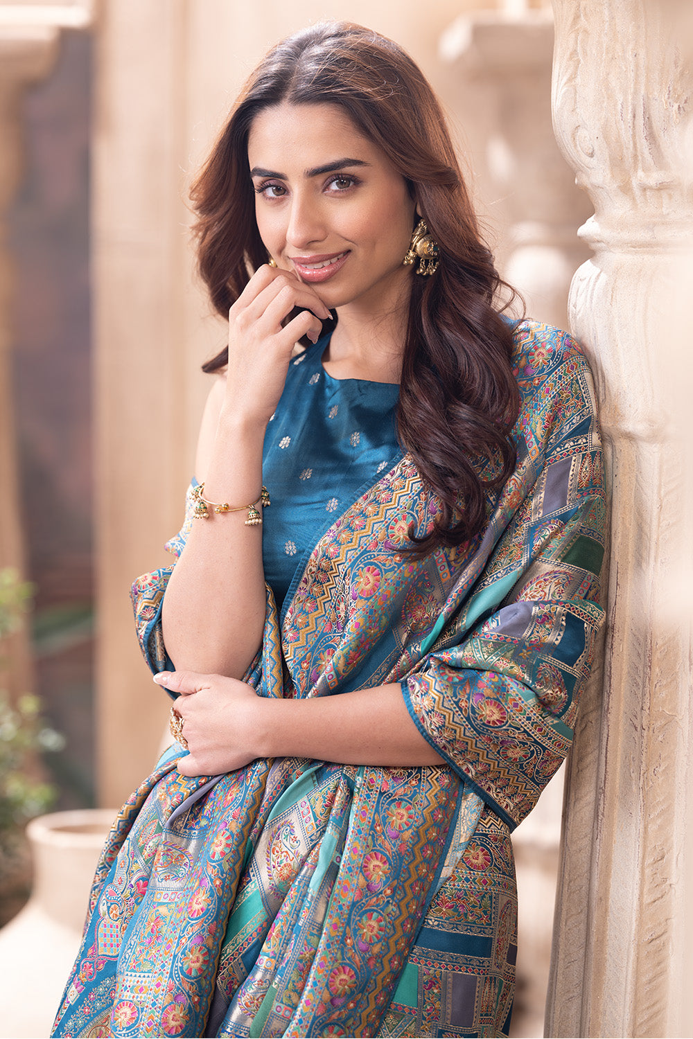 Teal Blue Position Print Woven Silk Saree