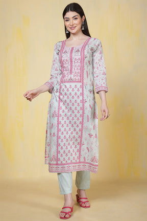 Sea Green Cotton Floral Printed & Neck Embroidered Suit