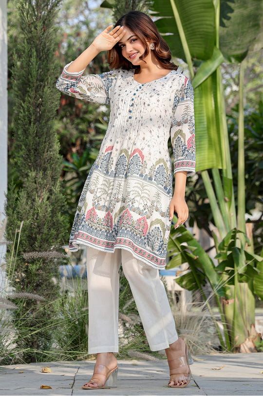Cream Floral Printed Cotton Kurta Set