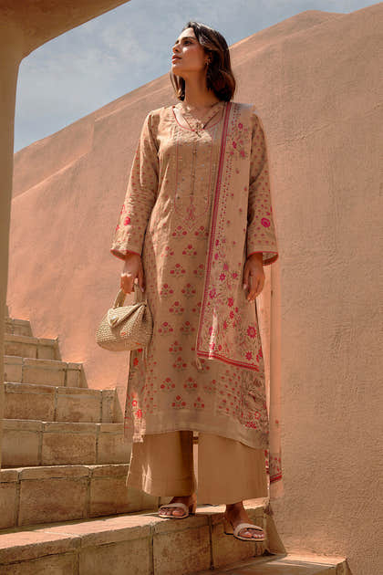 Beige Silk Embroidered And Floral Printed Unstitched Suit Fabric