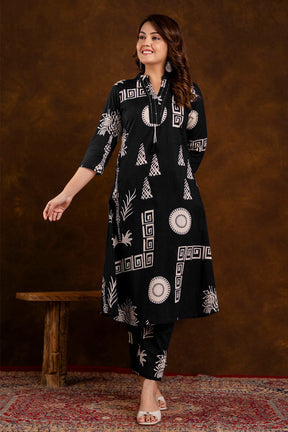Black Block Printed Cotton Printed Kurta Set