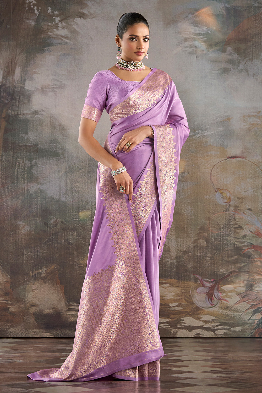 Lavender Zari Woven Satin Silk Saree