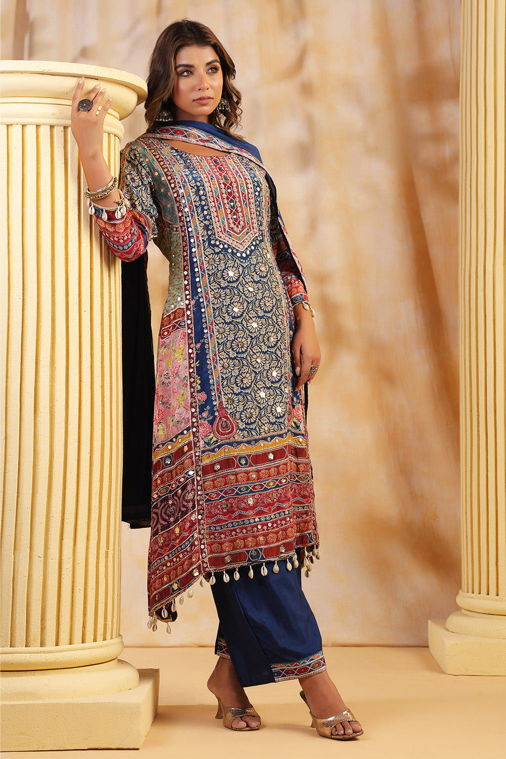 Blue Color Crepe Embroidered and Printed Suit