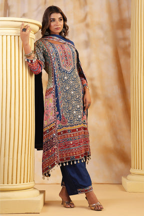 Blue Color Crepe Embroidered and Printed Suit
