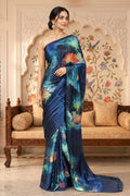 Blue Satin Abstract Printed Saree