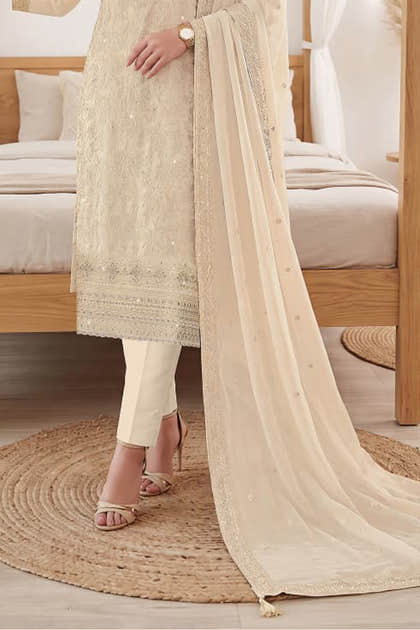 Cream Georgette Resham Embroidered And Swaroski Work Unstitched Suit Material