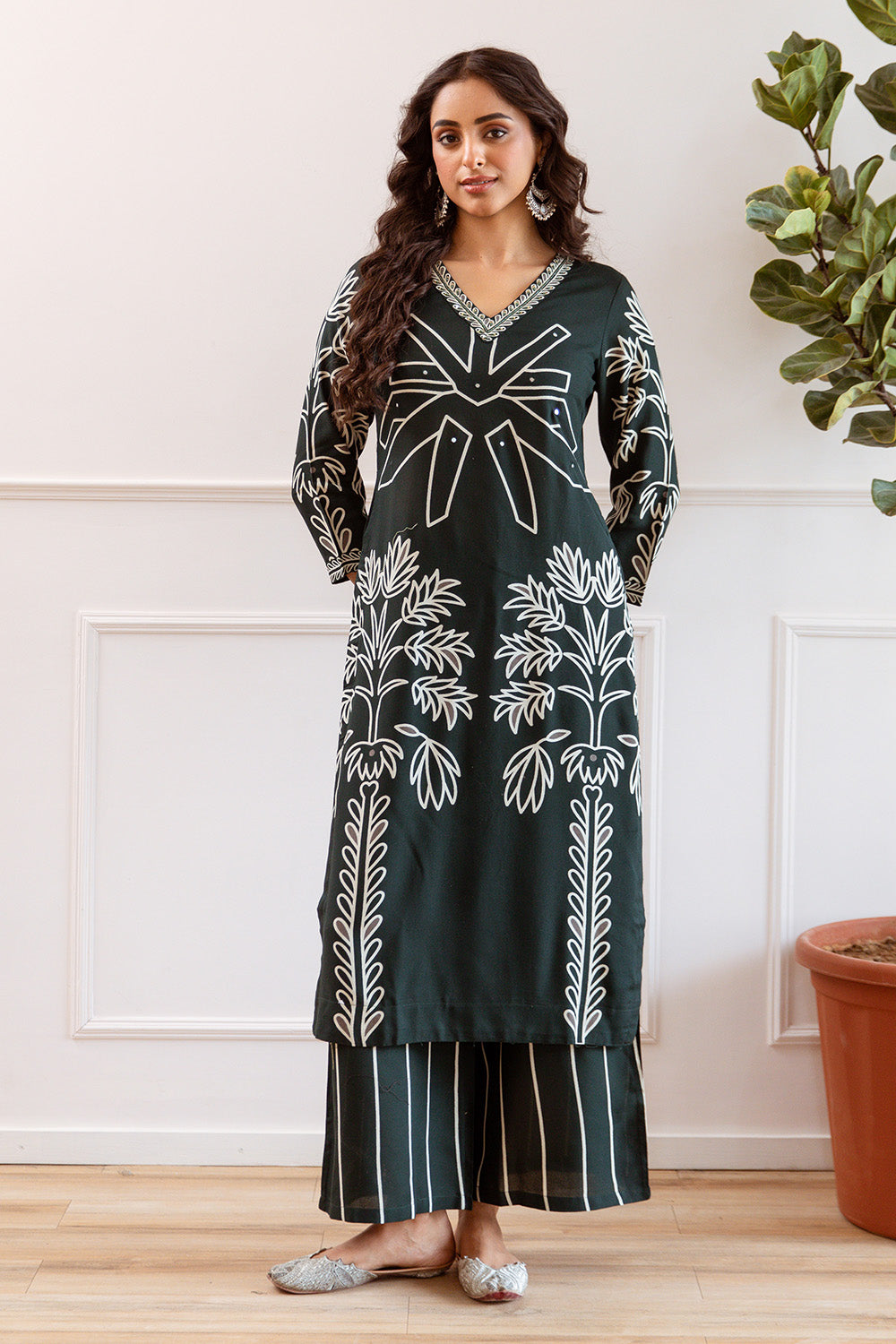 Bottle Green Color Cotton Printed Kurti With Palazzo