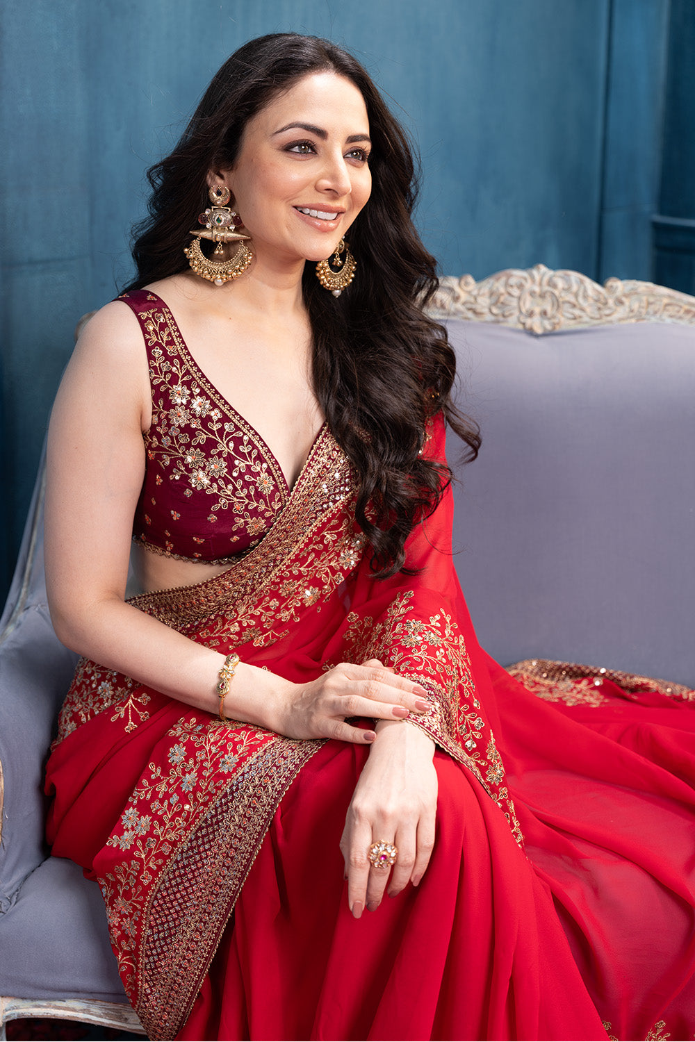 Rubi Red Pure Georgette Sequins Floral Embroidered Saree