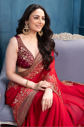 Rubi Red Pure Georgette Sequins Floral Embroidered Saree