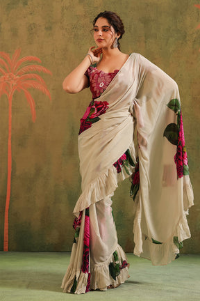 Cream Pure Crepe Silk Floral Printed Ruffled Saree With Readymade Cut-Dana Embroidered Blouse
