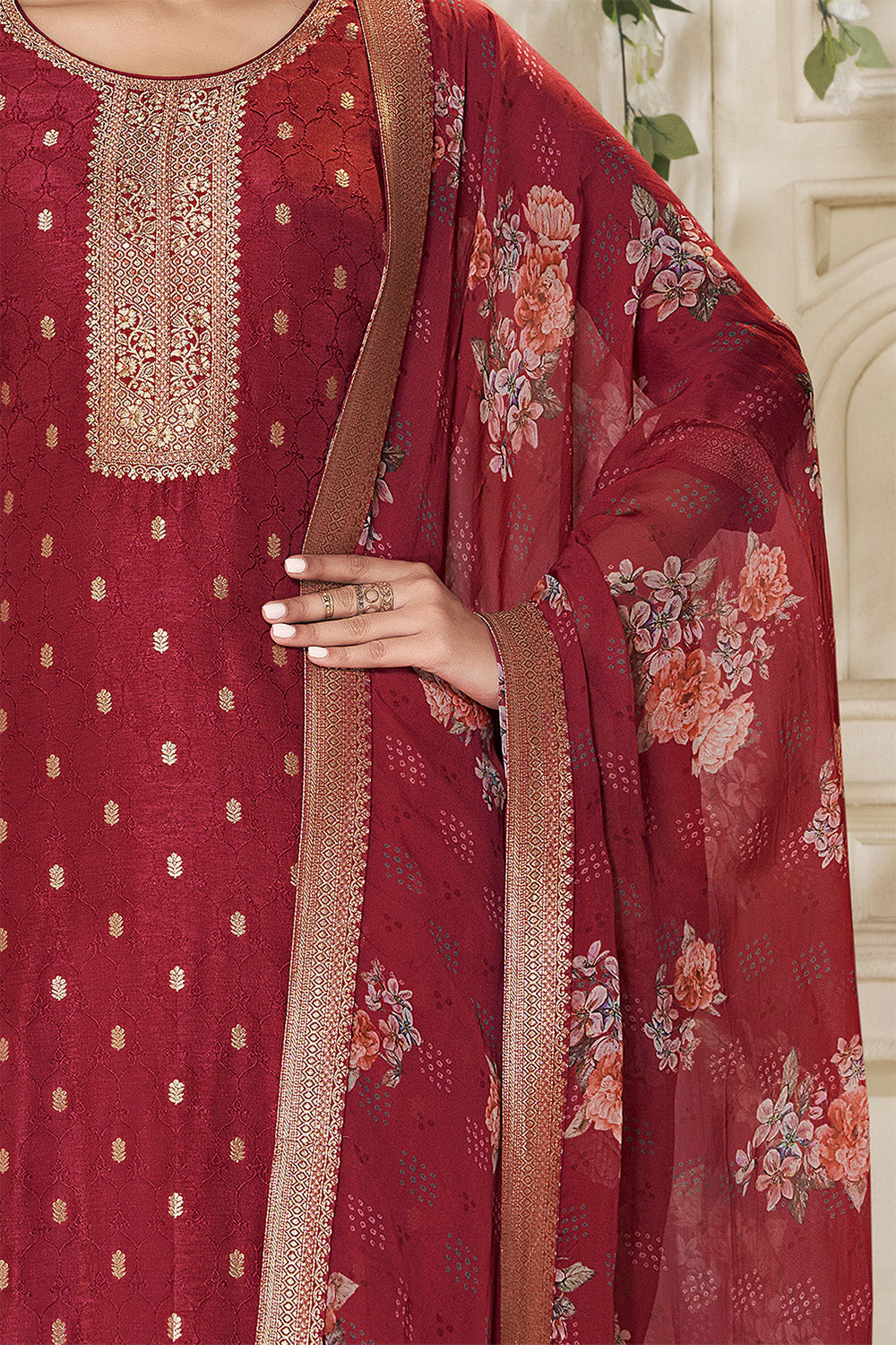 Maroon Silk Zari Woven Suit Set