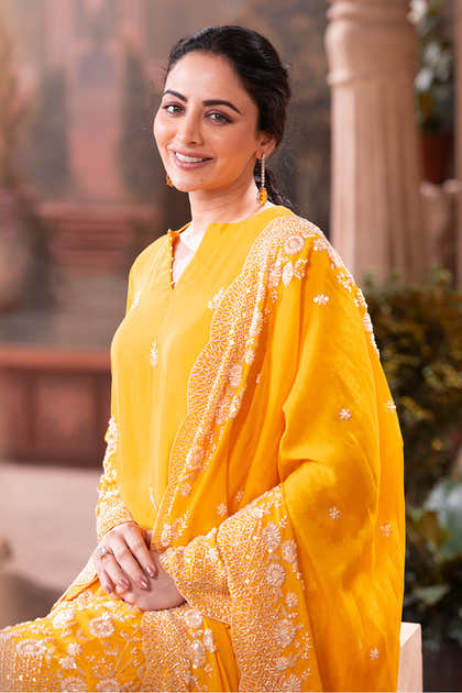 Yellow Pure Silk Floral Embroidered Suits With Embroidered Pallazo